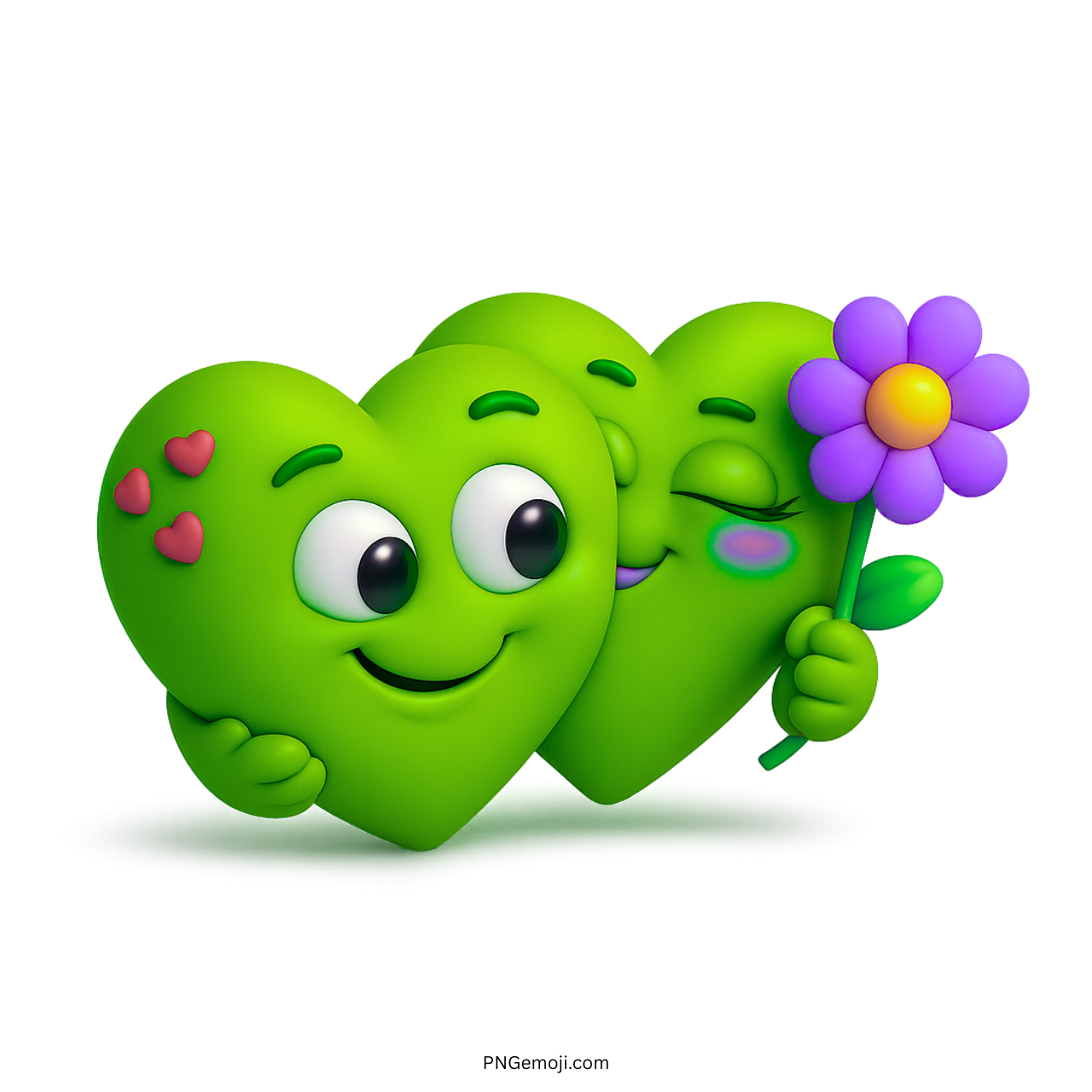 Green 3D heart couple emoji sharing love and flower with happy expressions