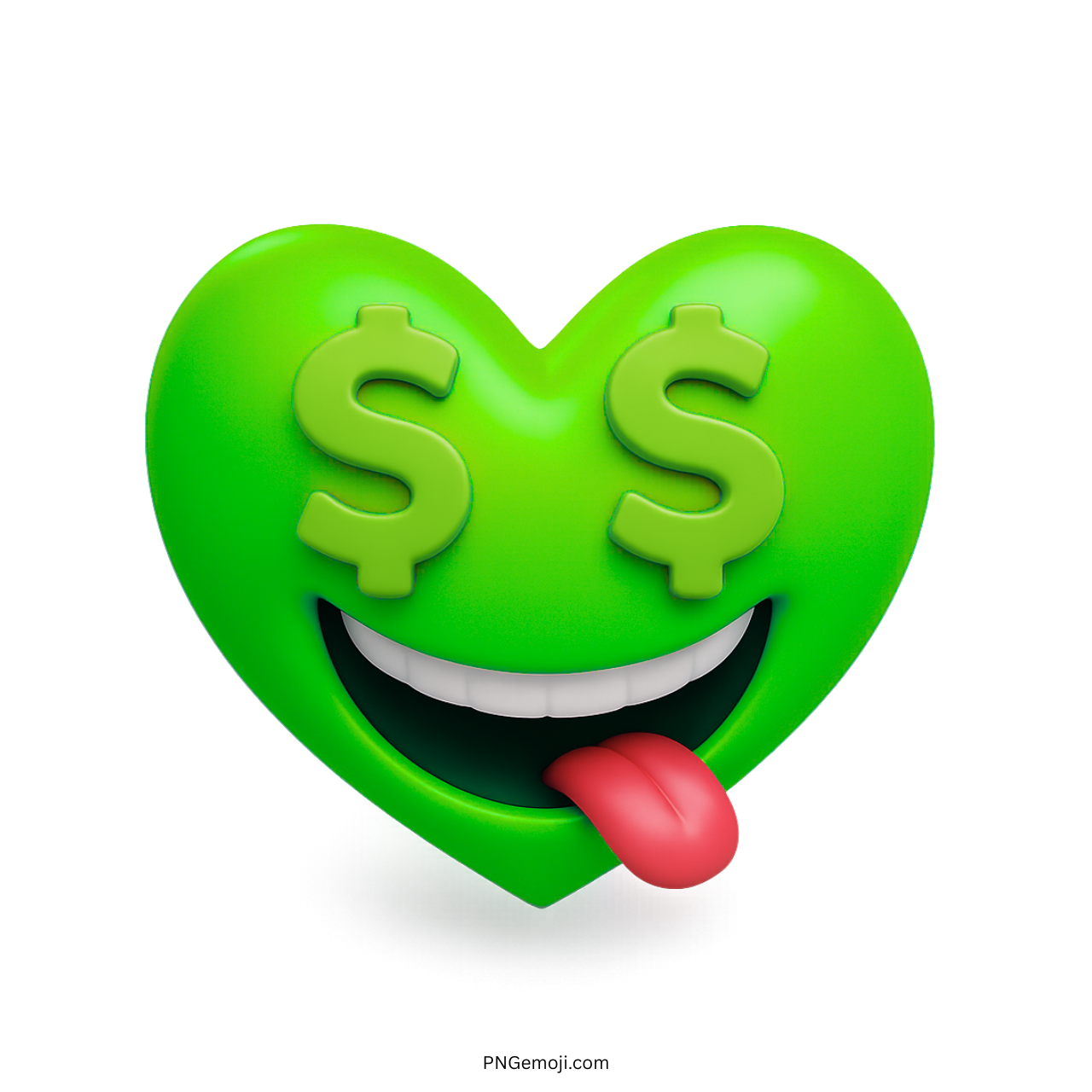 Green heart emoji with dollar eyes and tongue out in playful 3D style