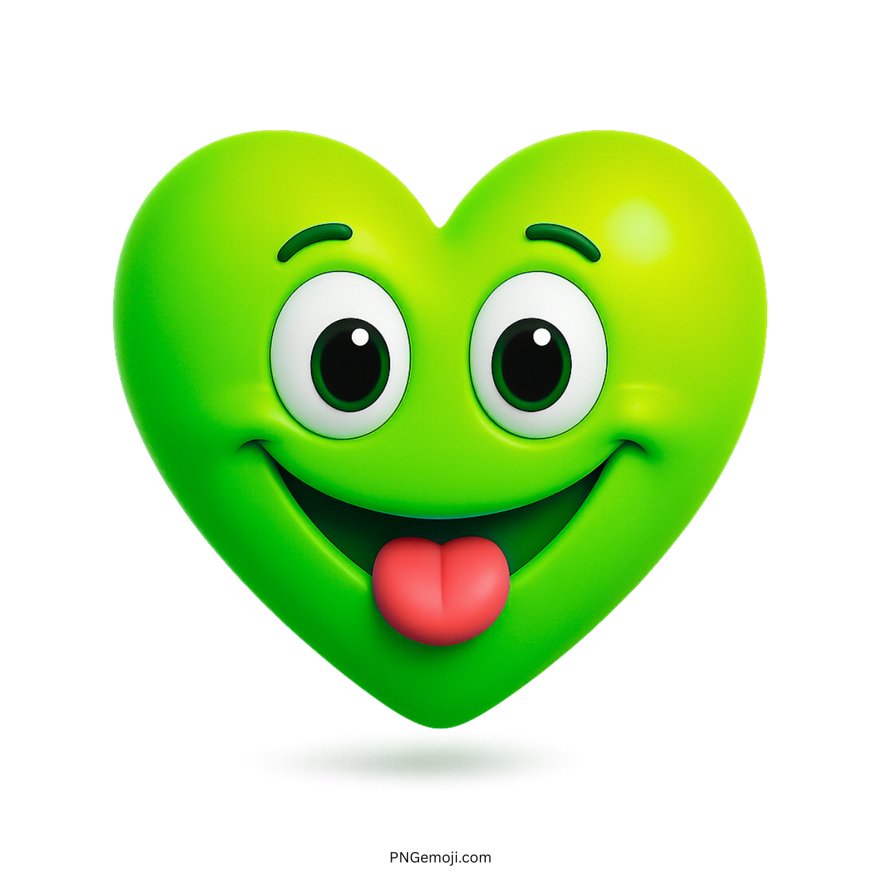 Playful green heart emoji with tongue out and animated cartoon face design