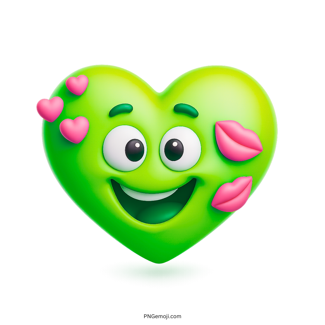 3D green heart emoji with pink kiss marks and cute love hearts