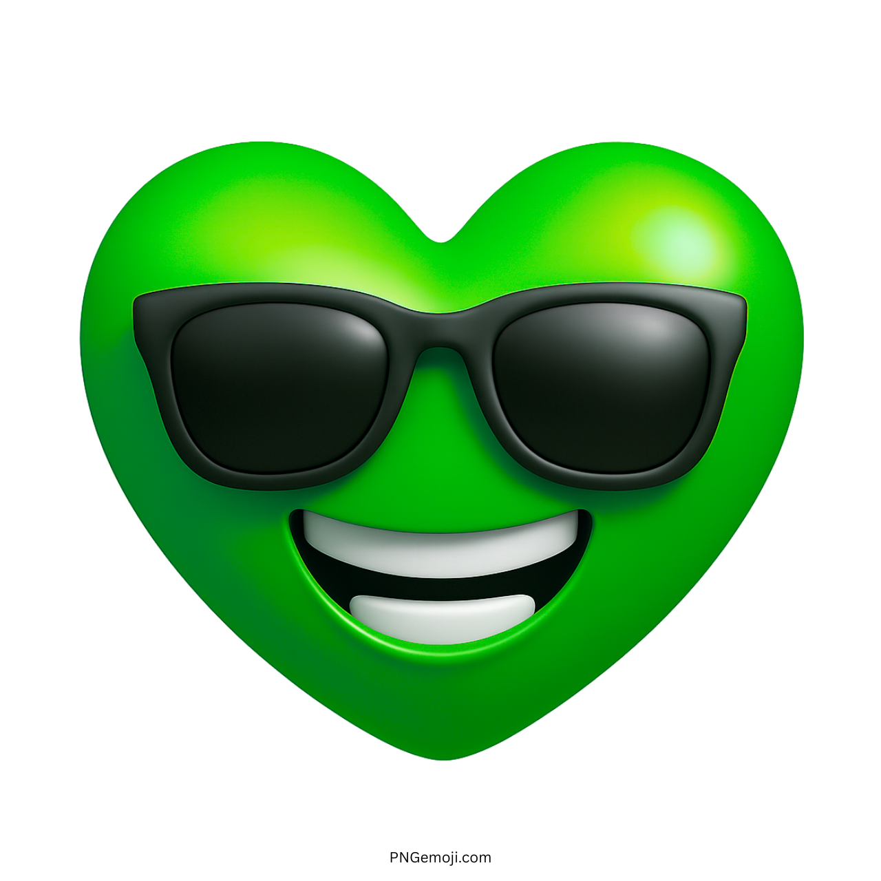 Green heart emoji wearing black sunglasses and smiling with a confident cool look
