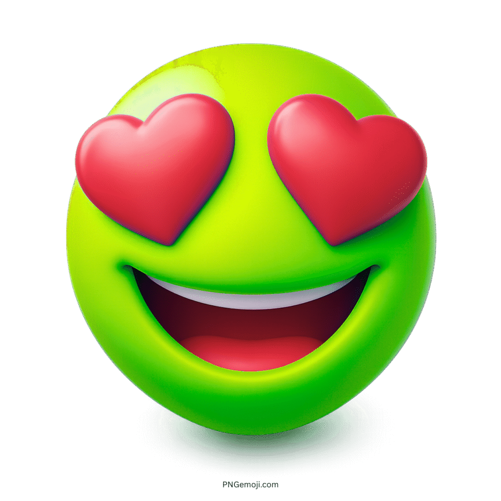 Bright green 3D emoji with red heart eyes and wide smiling mouth expressing love.