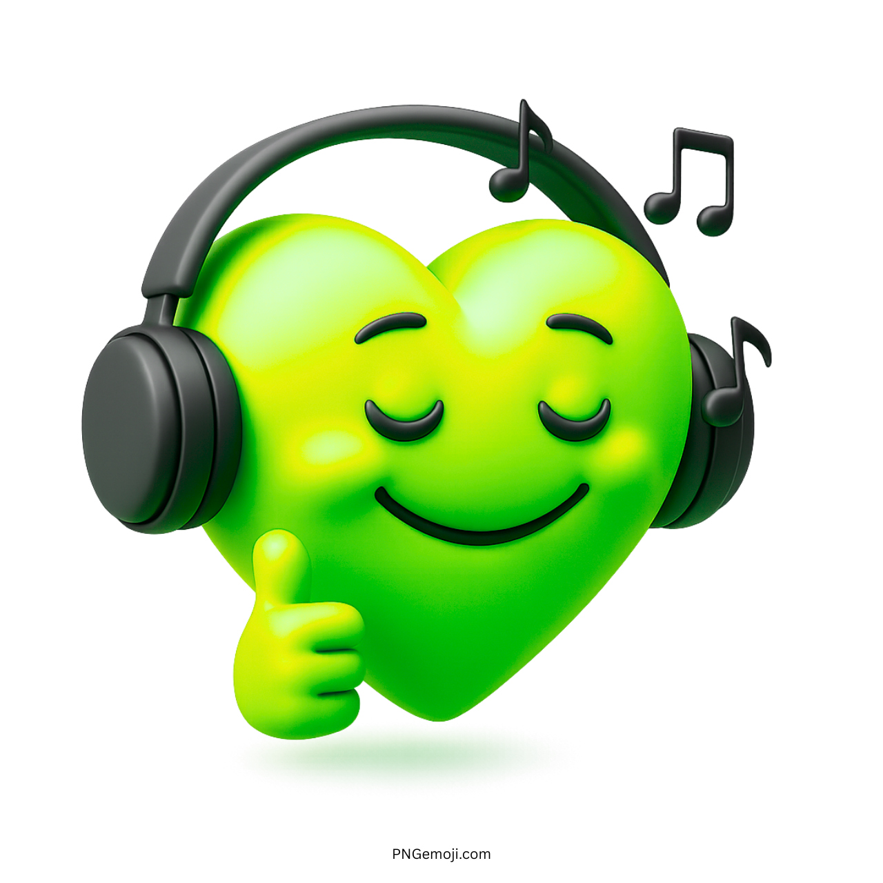 3D green heart emoji with headphones and music notes expressing calm and joy