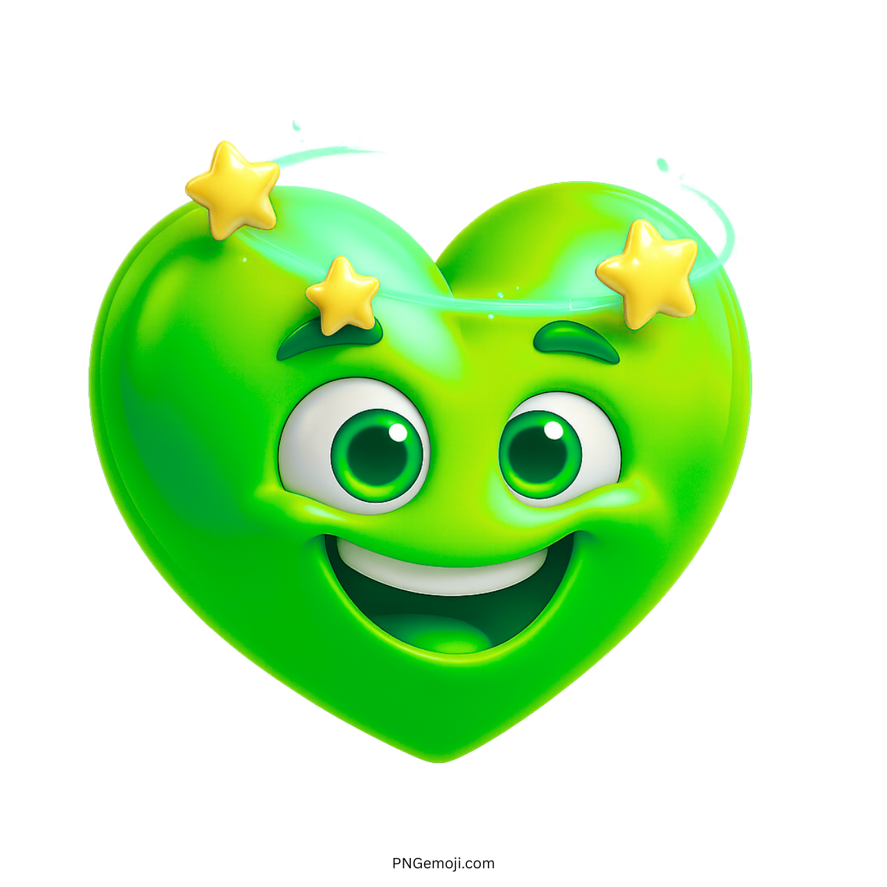 Green heart emoji with smile, big eyes, and yellow spinning stars above head