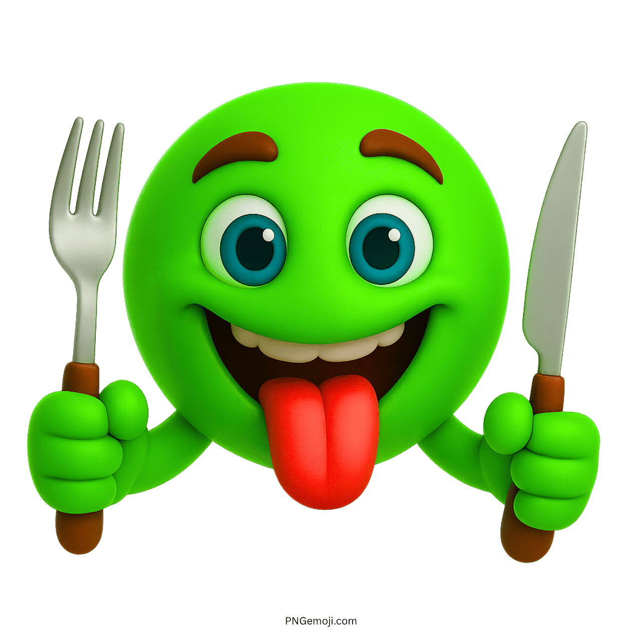Green hungry emoji with tongue out holding fork and knife for food