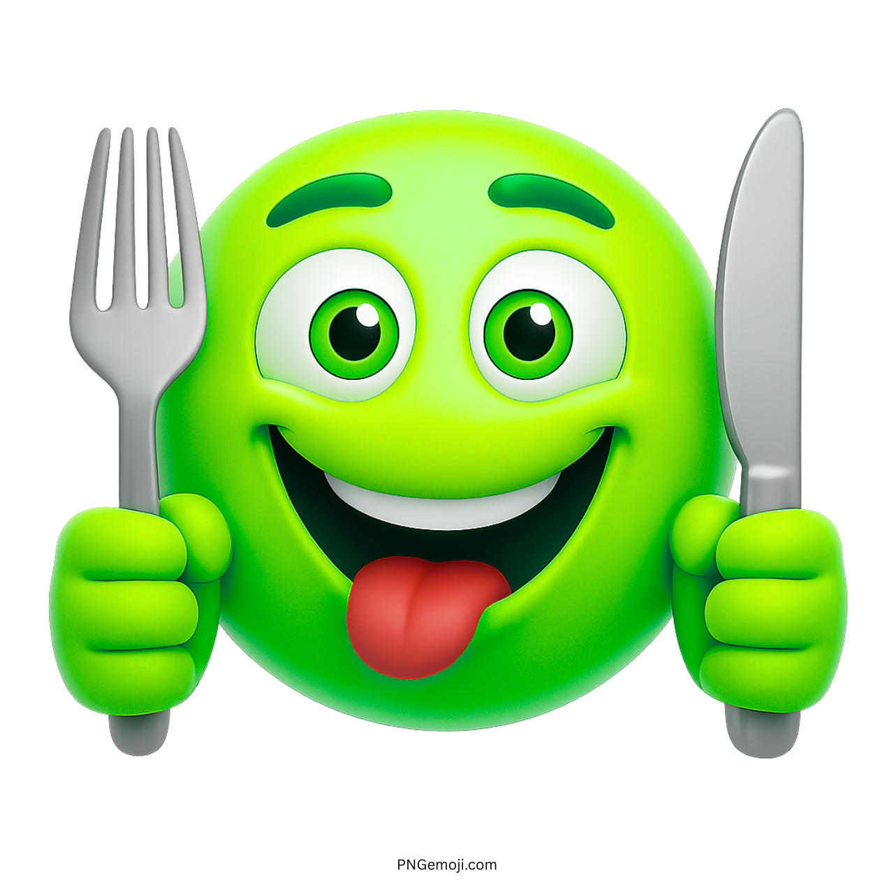 Green hungry emoji smiling with fork and knife, tongue out craving tasty food