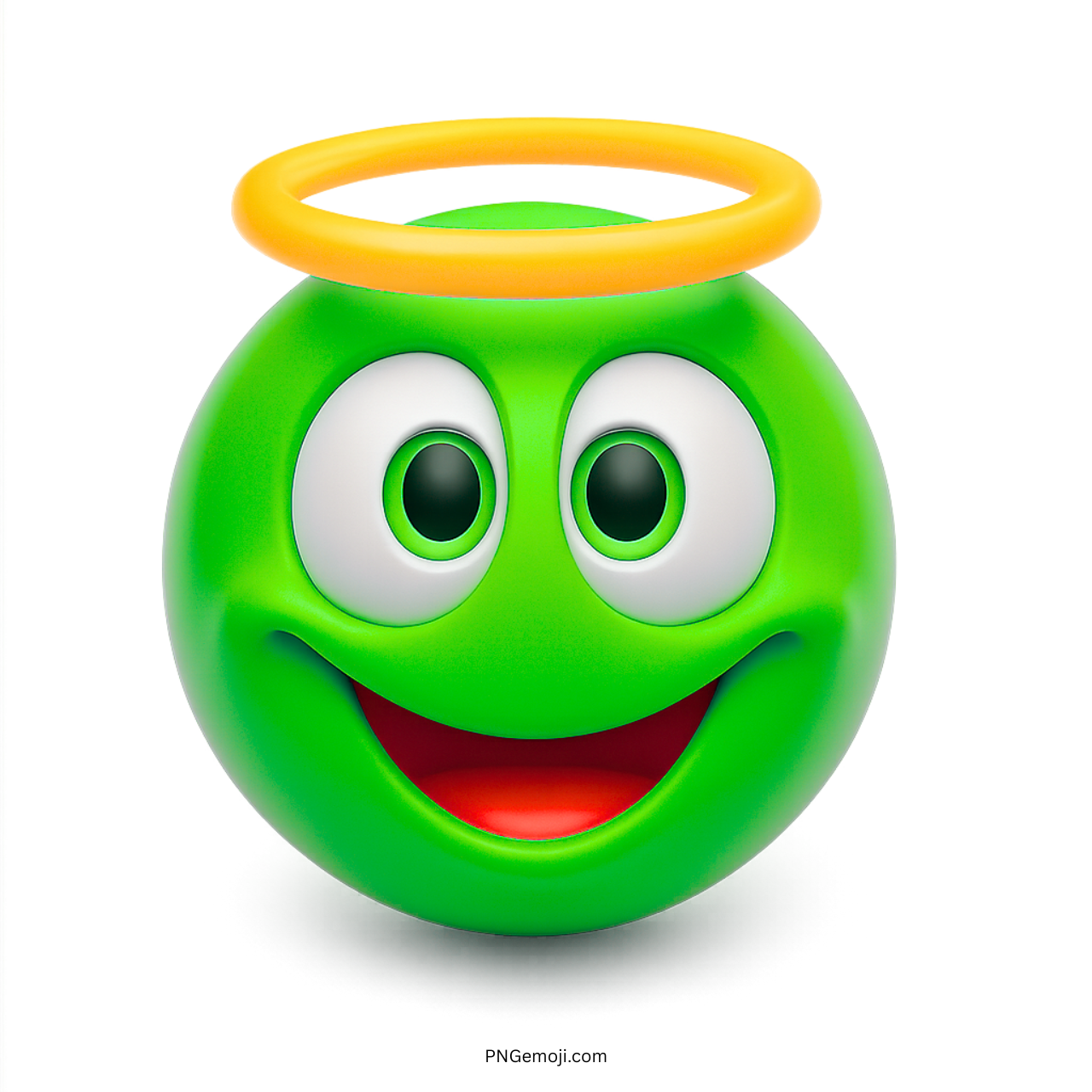 3D green innocent smiley emoji with yellow halo and happy joyful expression