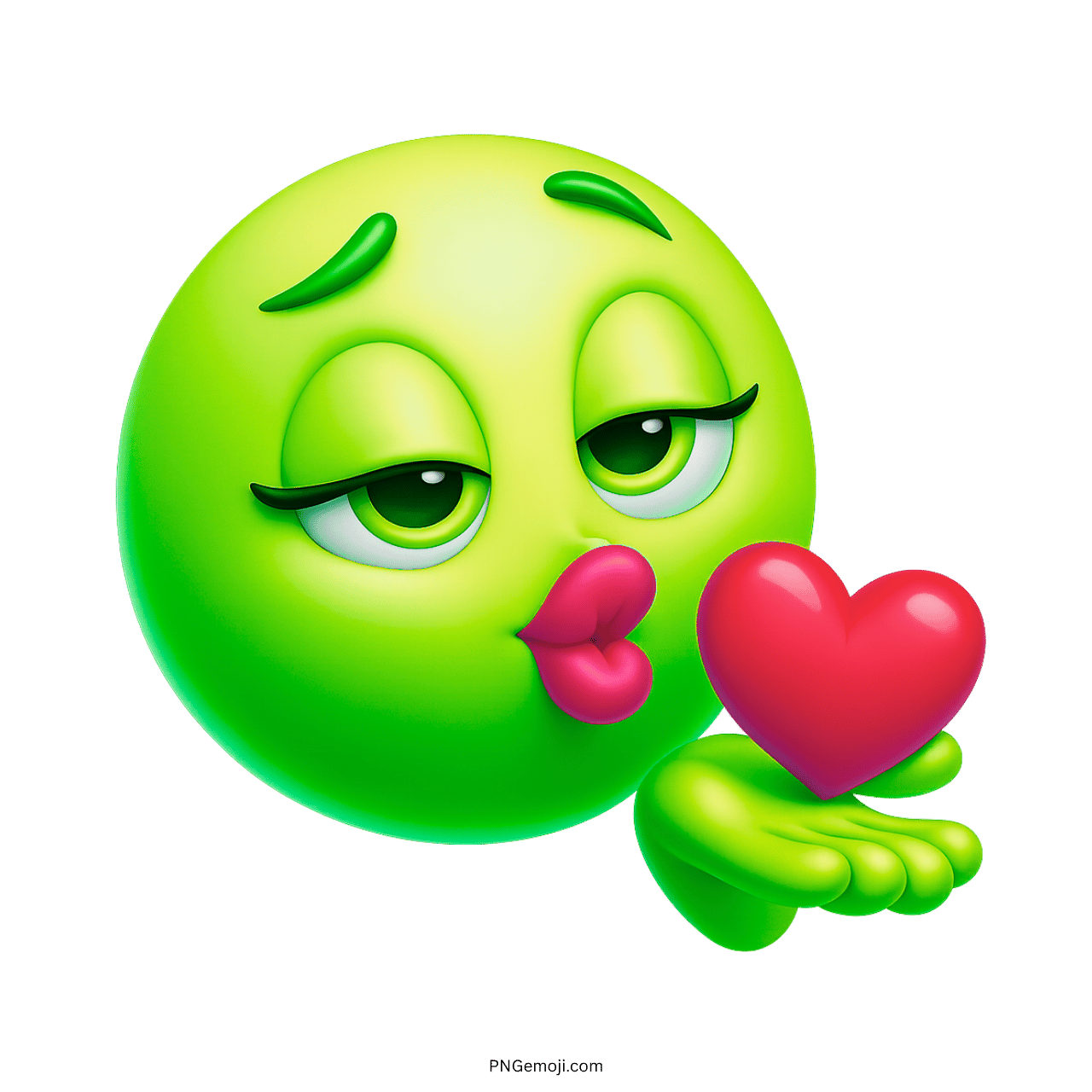 3D green emoji blowing kiss with red heart, romantic and playful emoticon