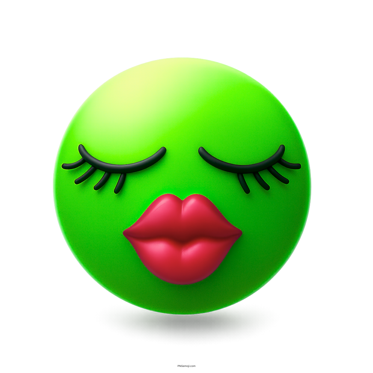 3D green kissing girl emoji with red lips and long closed eyelashes
