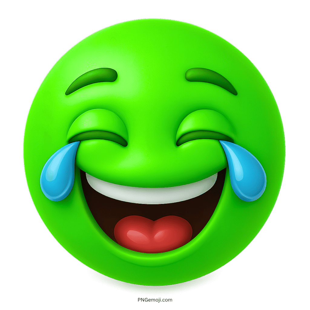 3D green laughing emoji with smiling face and blue tears of joy