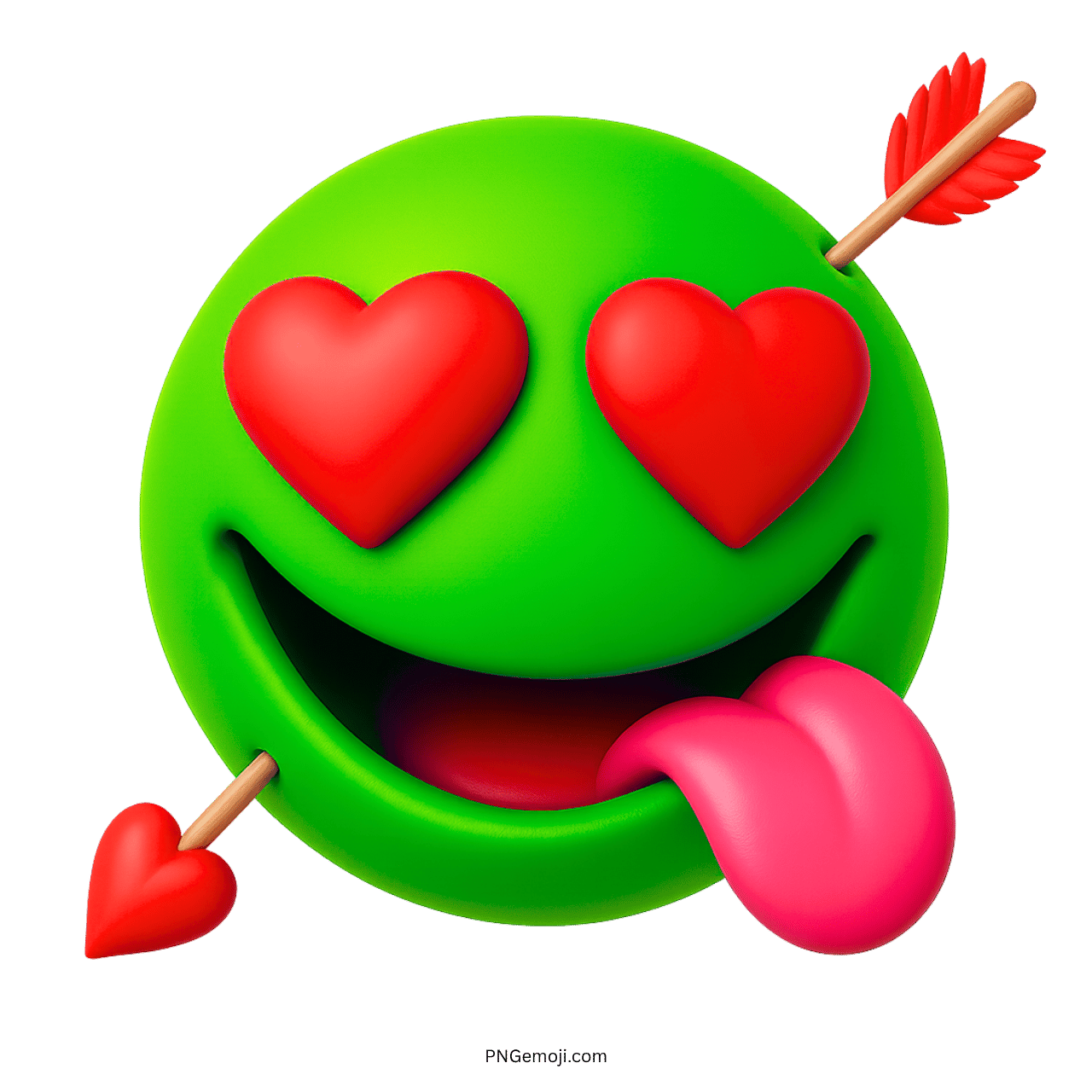 Green love emoji with heart eyes, tongue out, and struck by two red arrows