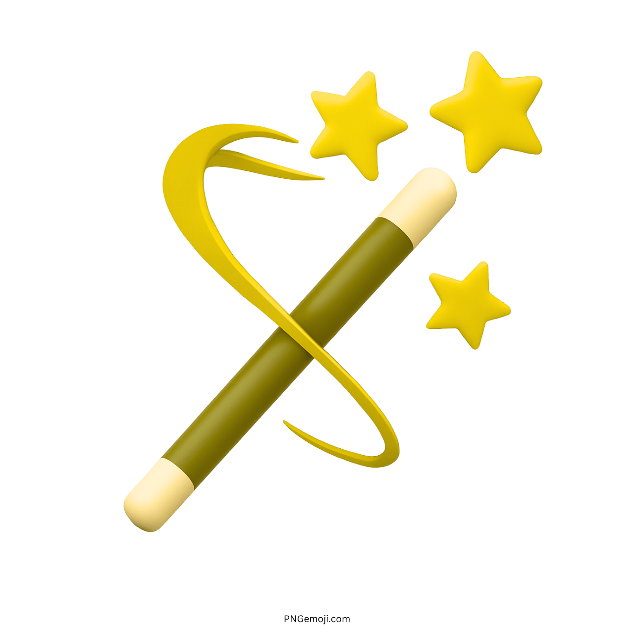 3D magic wand emoji with yellow stars and a swirling trail on a transparent background.