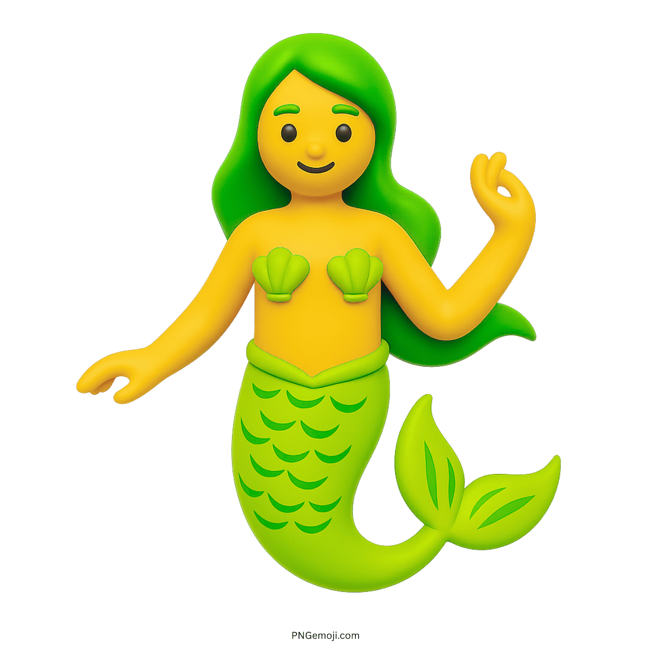 3D green mermaid emoji with shell top and fish tail on transparent background
