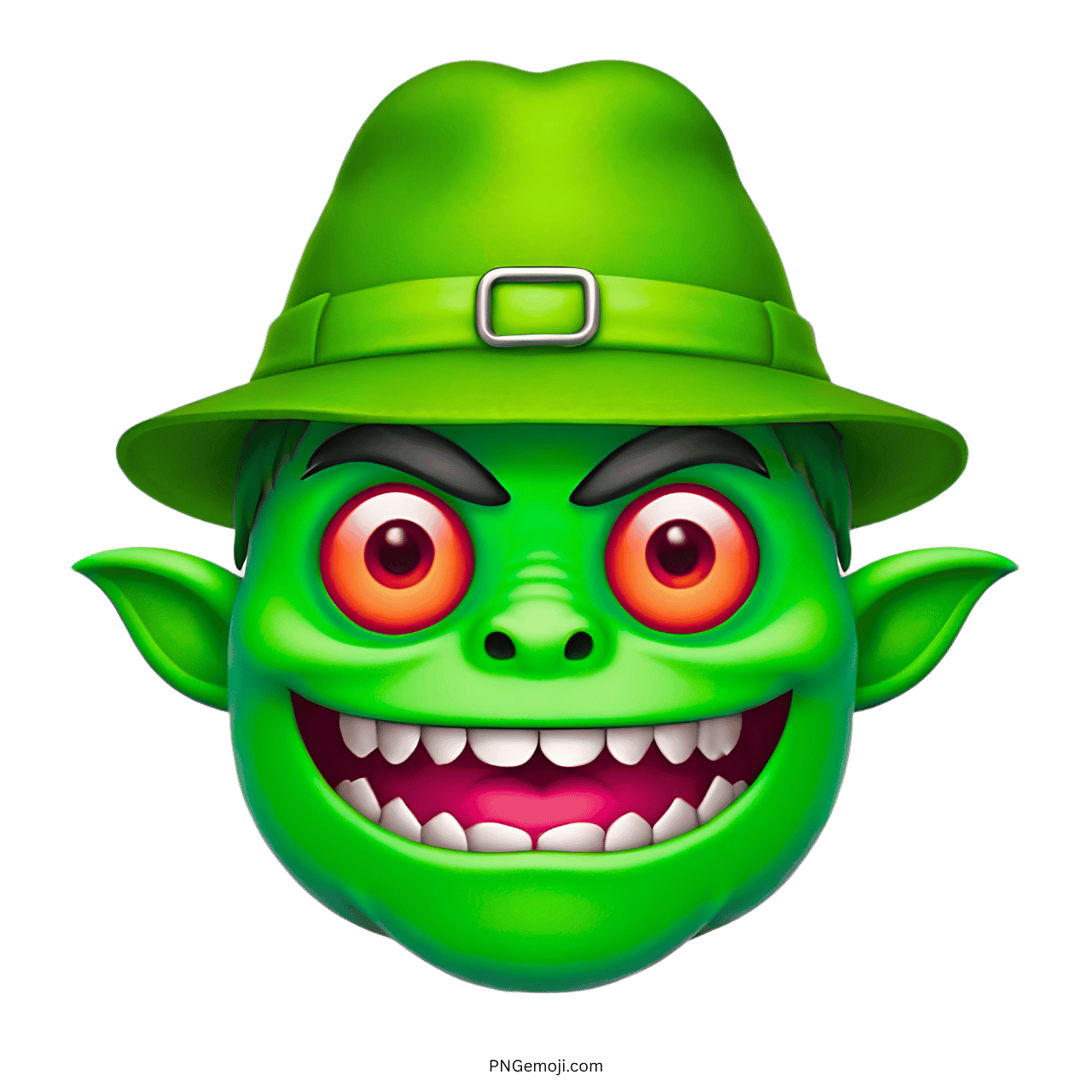 Green monster with red eyes, wide grin, and green hat, emoji character.