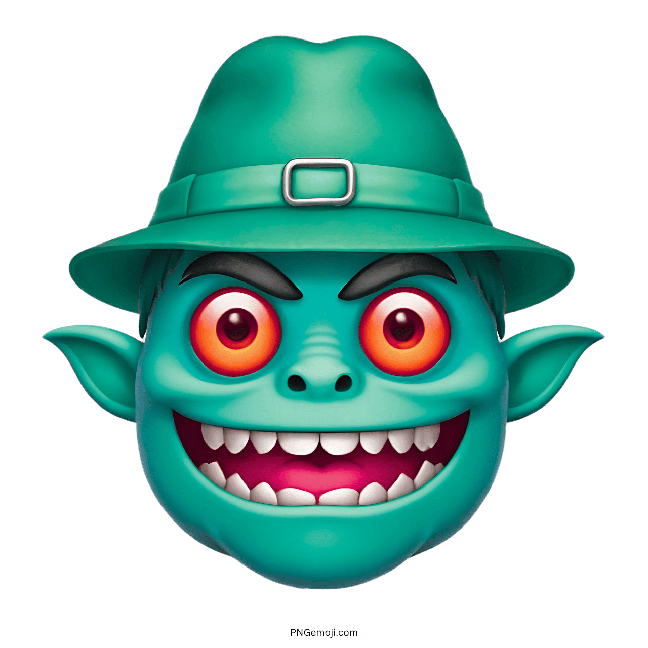 3D green monster emoji with red eyes and a green hat, showing a mischievous grin