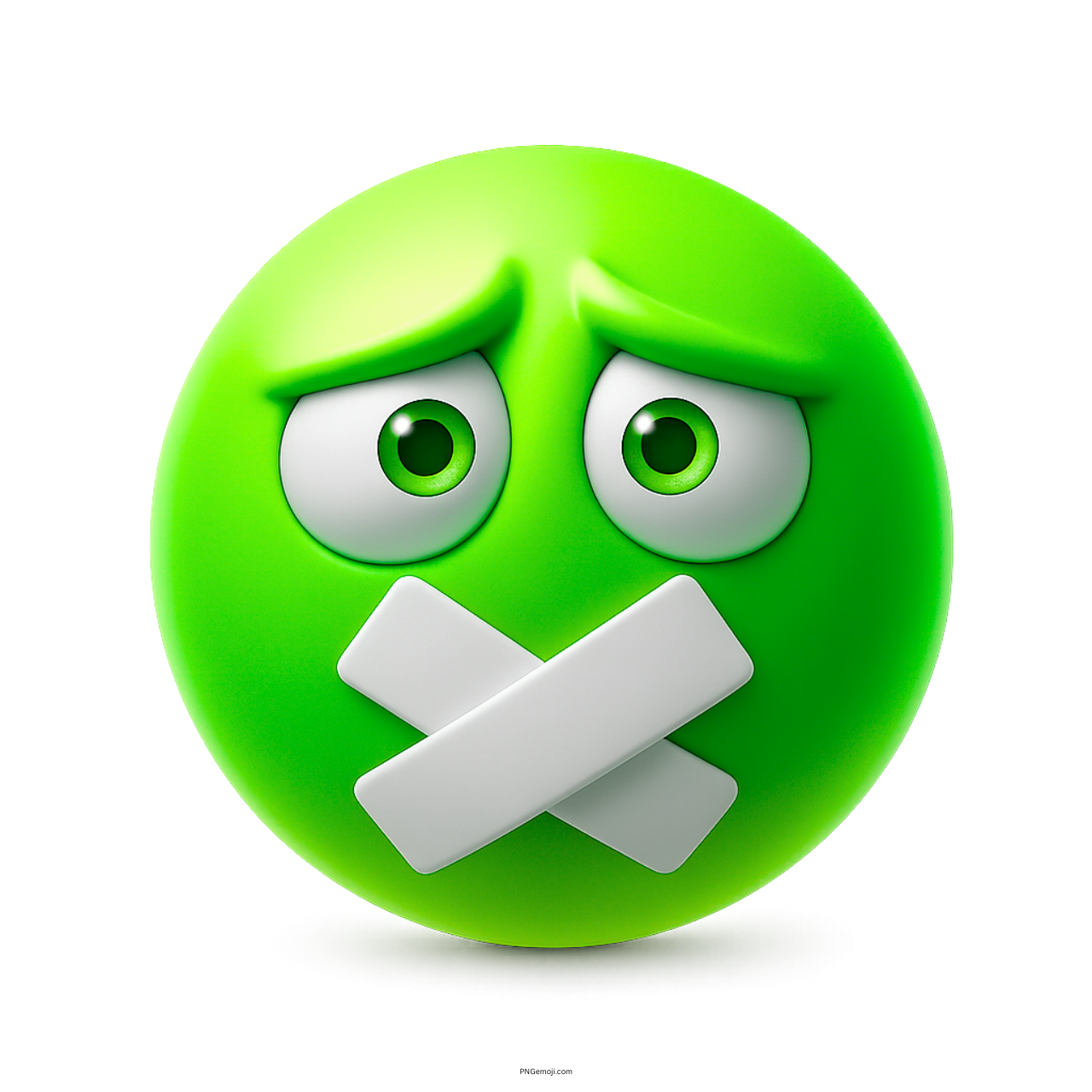 Green muted emoji with taped mouth and anxious sad eyes expression