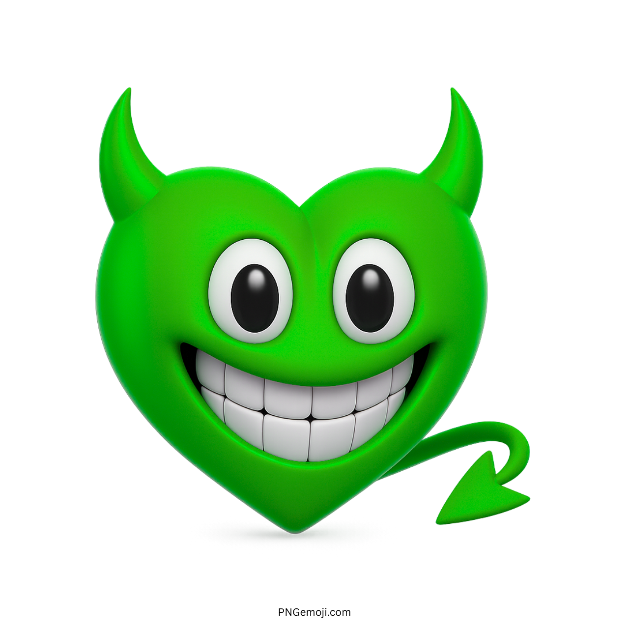 3D green heart emoji with devil horns, big smile, and curved tail expression