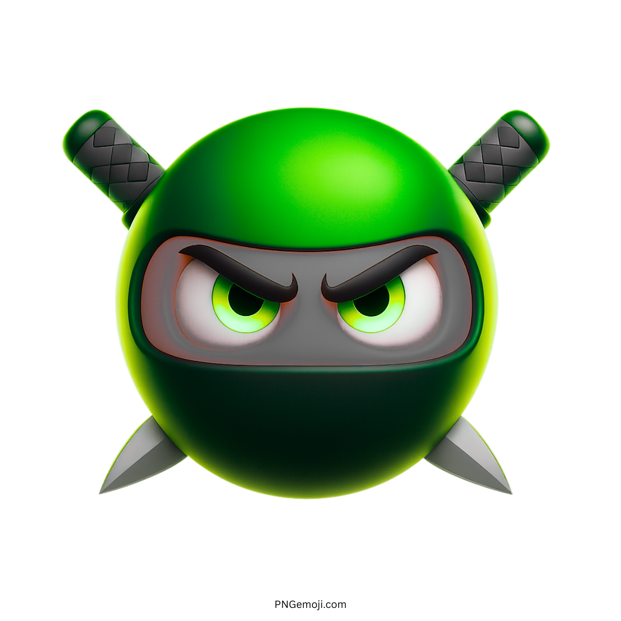 3D green ninja emoji with glowing eyes and crossed swords on transparent background