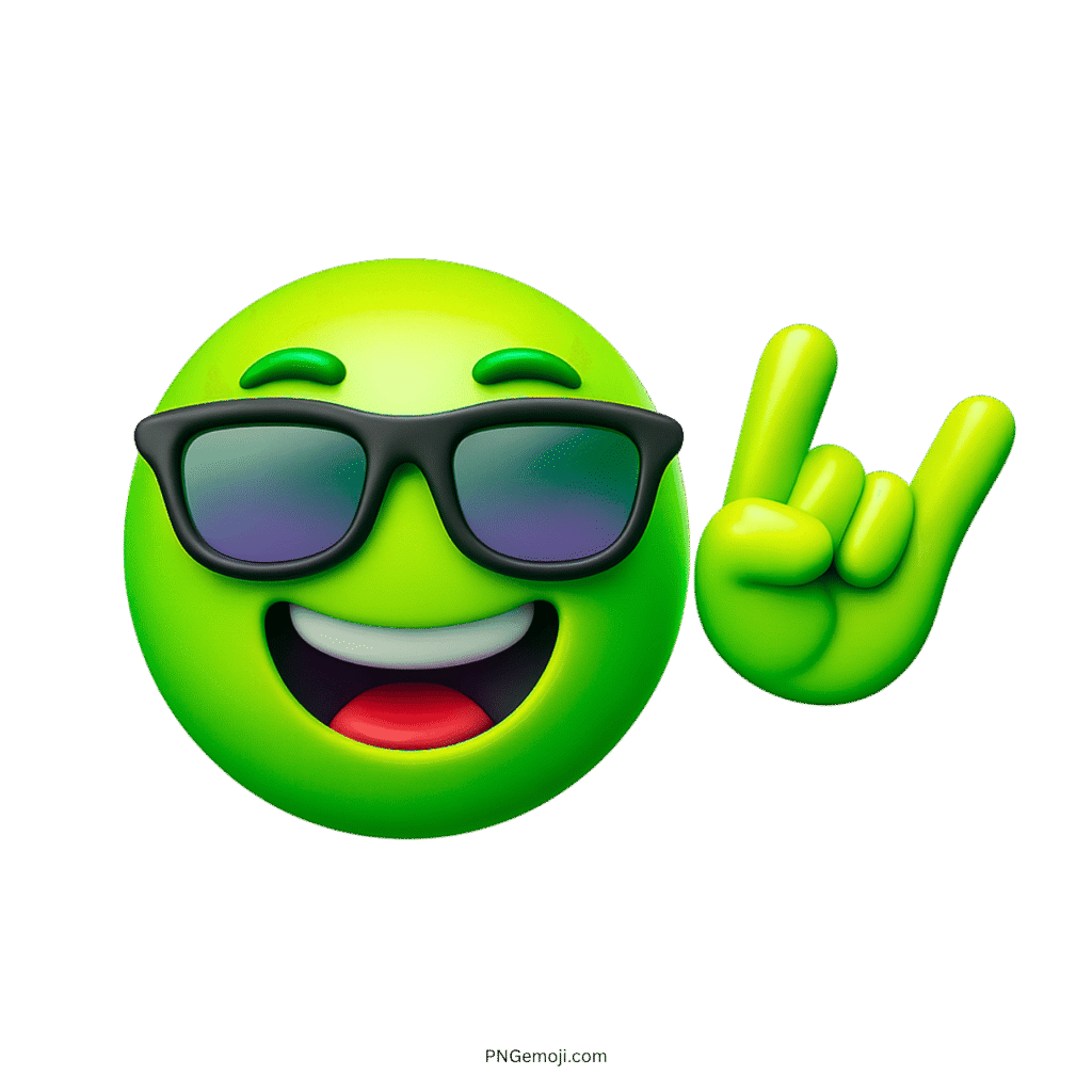 Green 3D party emoji wearing sunglasses making rock-on gesture with joyful expression