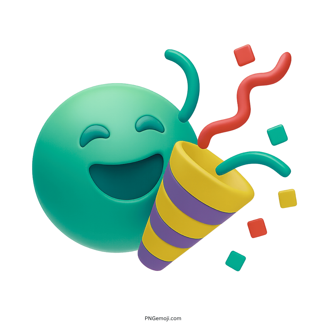 3D green emoji with party popper, colorful confetti, and happy celebration theme