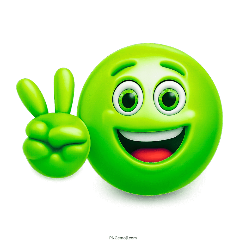 Green smiley face emoji showing peace sign with cheerful and friendly expression.