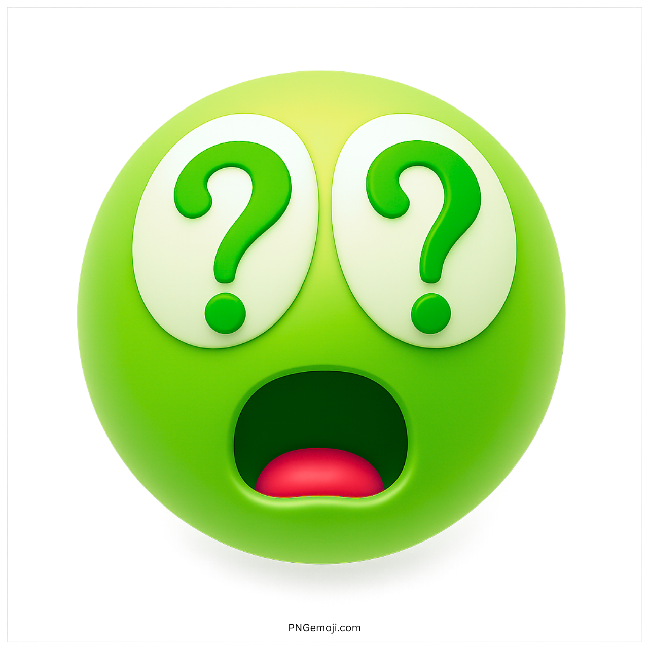 Green emoji with question mark eyes and wide shocked mouth expression