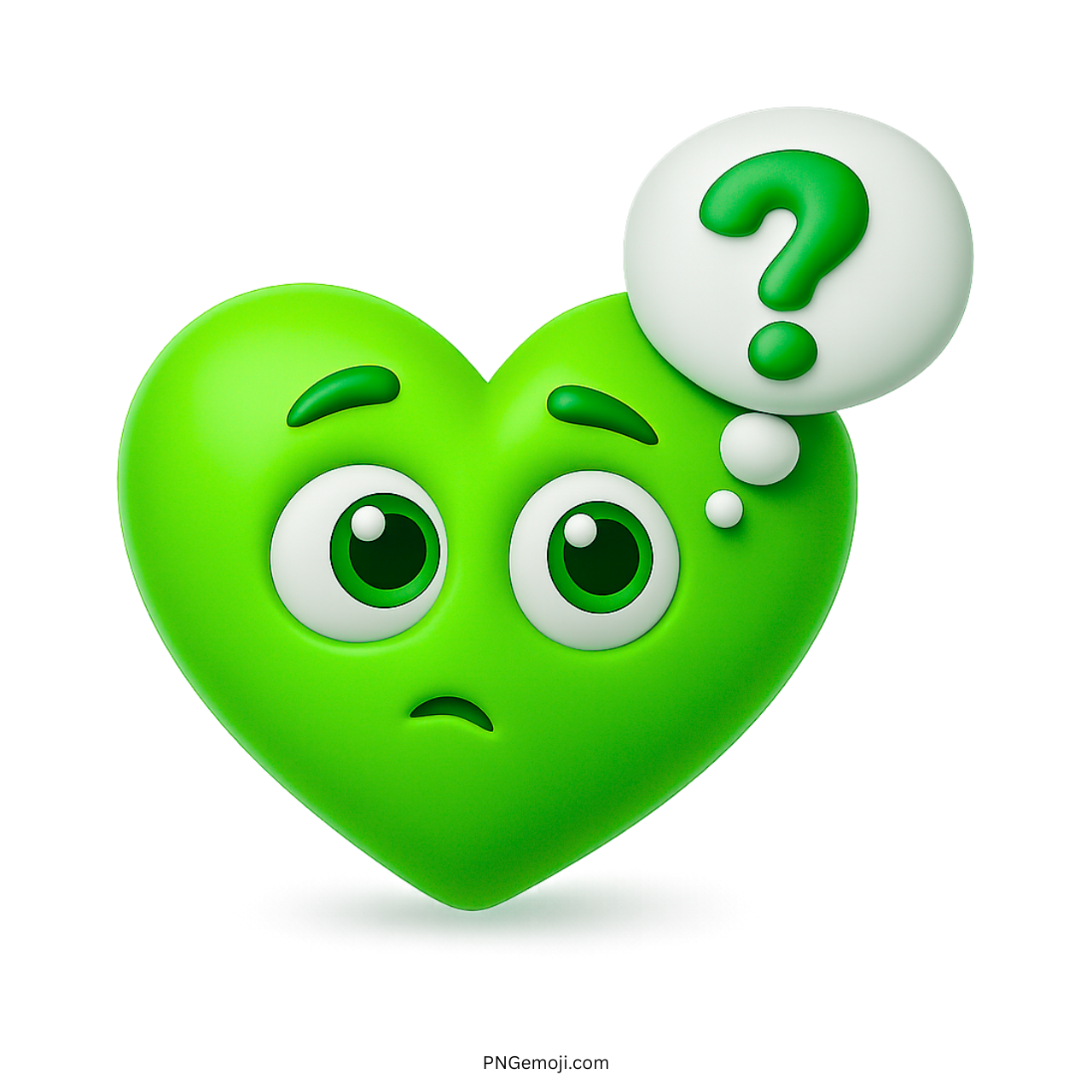 Green heart emoji with questioning eyes and thought bubble featuring a question mark.