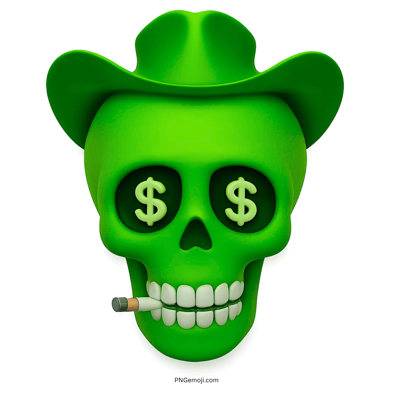 Green skull emoji with cowboy hat, dollar sign eyes, and cigarette in mouth