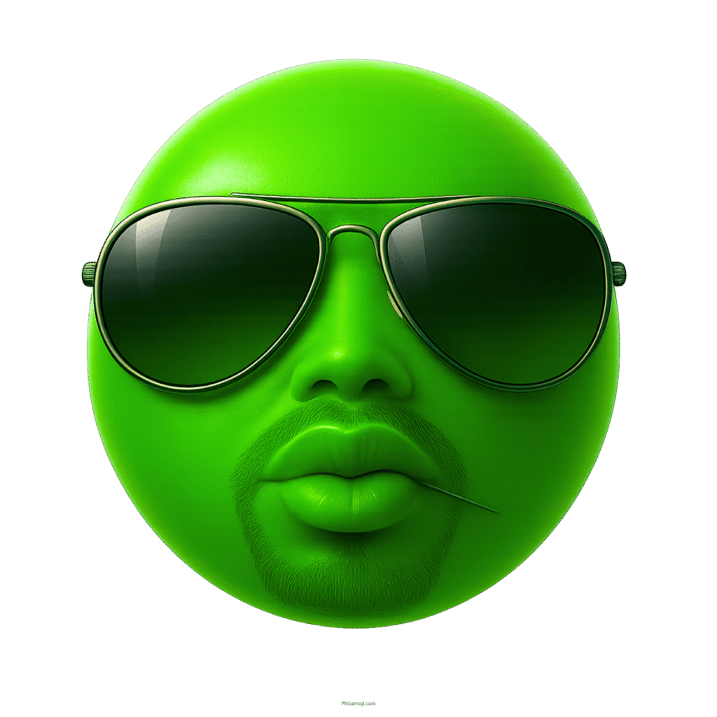 Green emoji face wearing sunglasses with beard and toothpick for cool expression