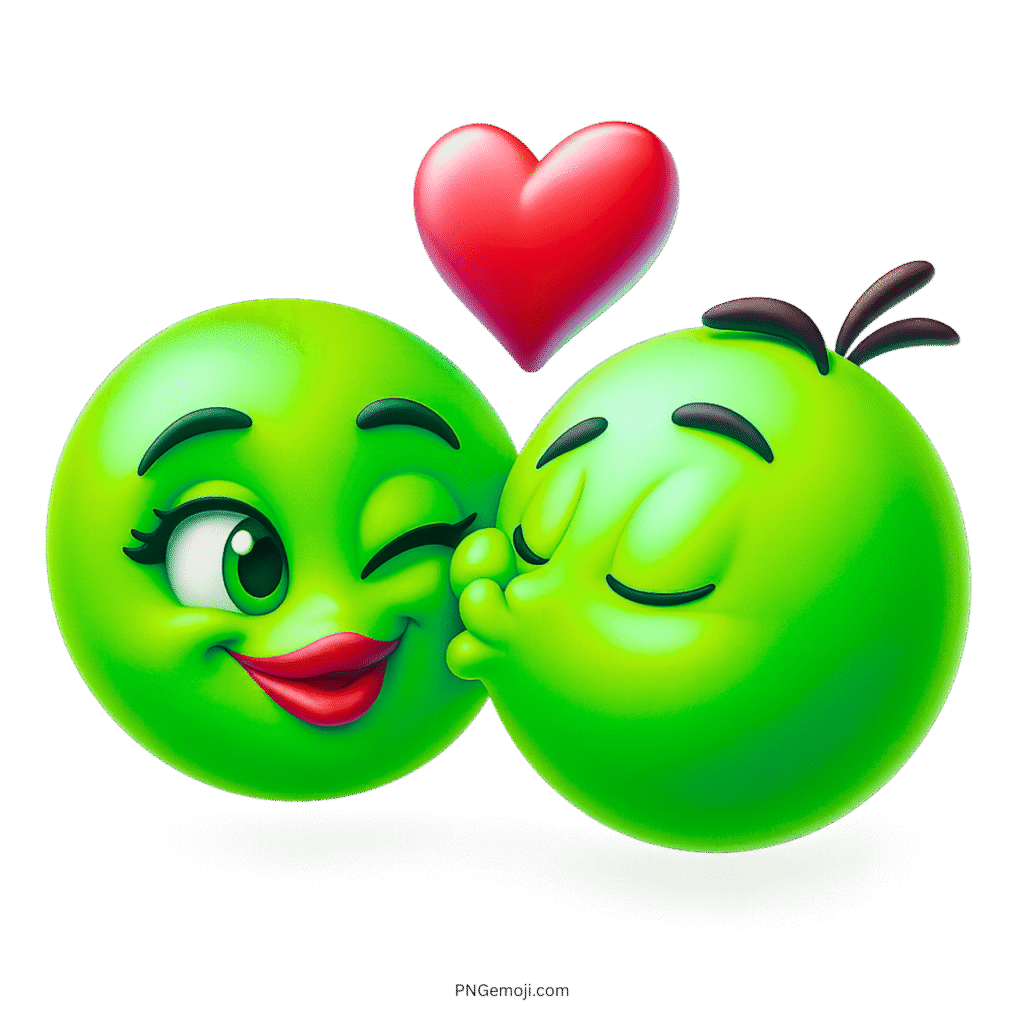 Green romantic couple emoji kissing with red heart and love expression in 3D style