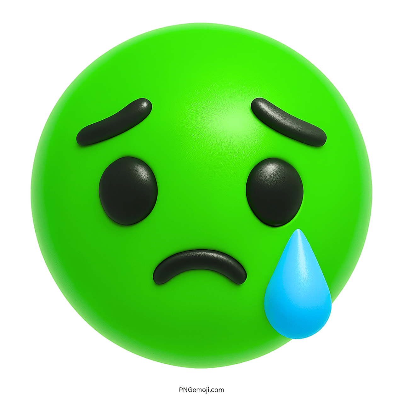 3D green sad emoji face with black eyes, teardrop, and frowning expression