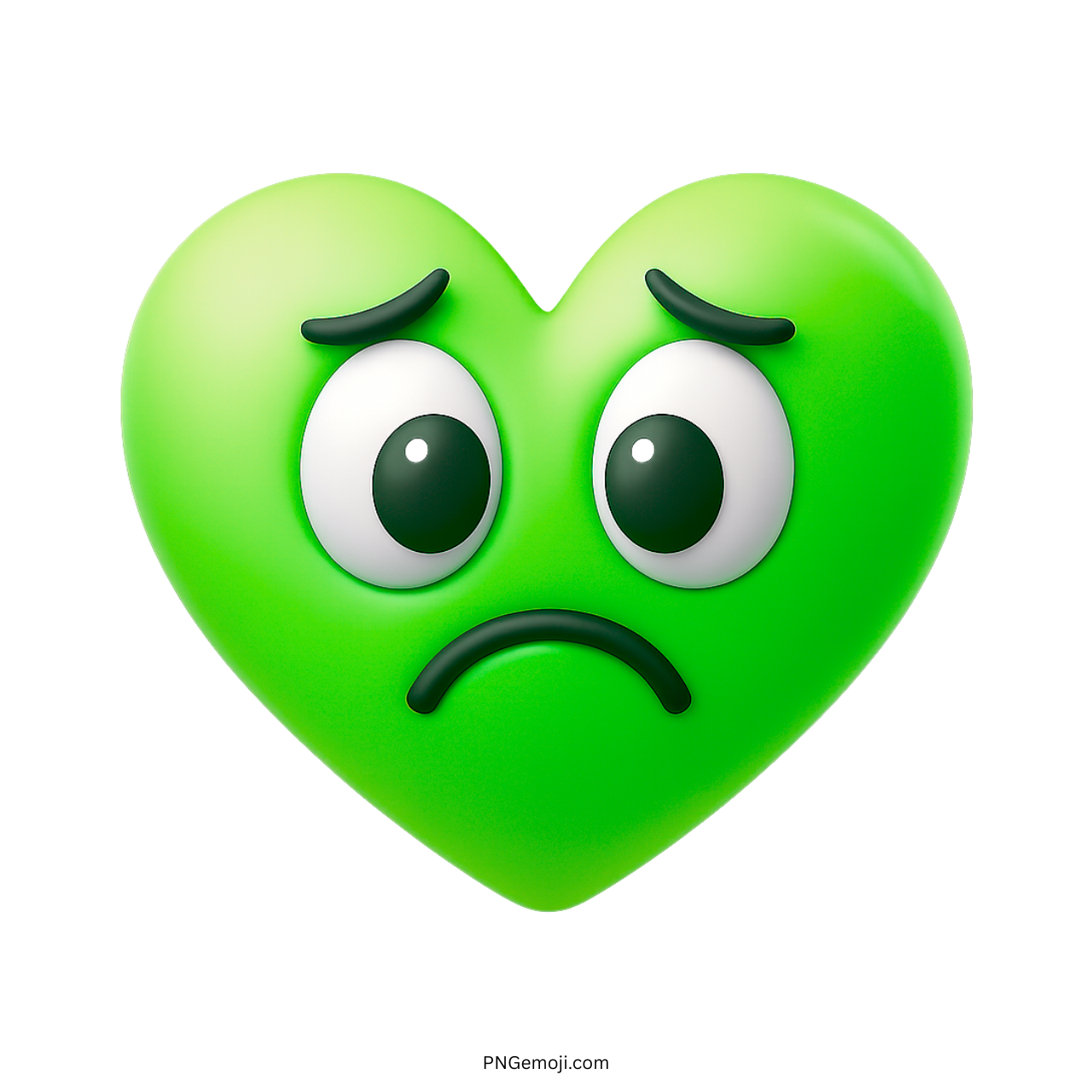 Green heart emoji with frowny face and sad cartoon eyes in 3D style