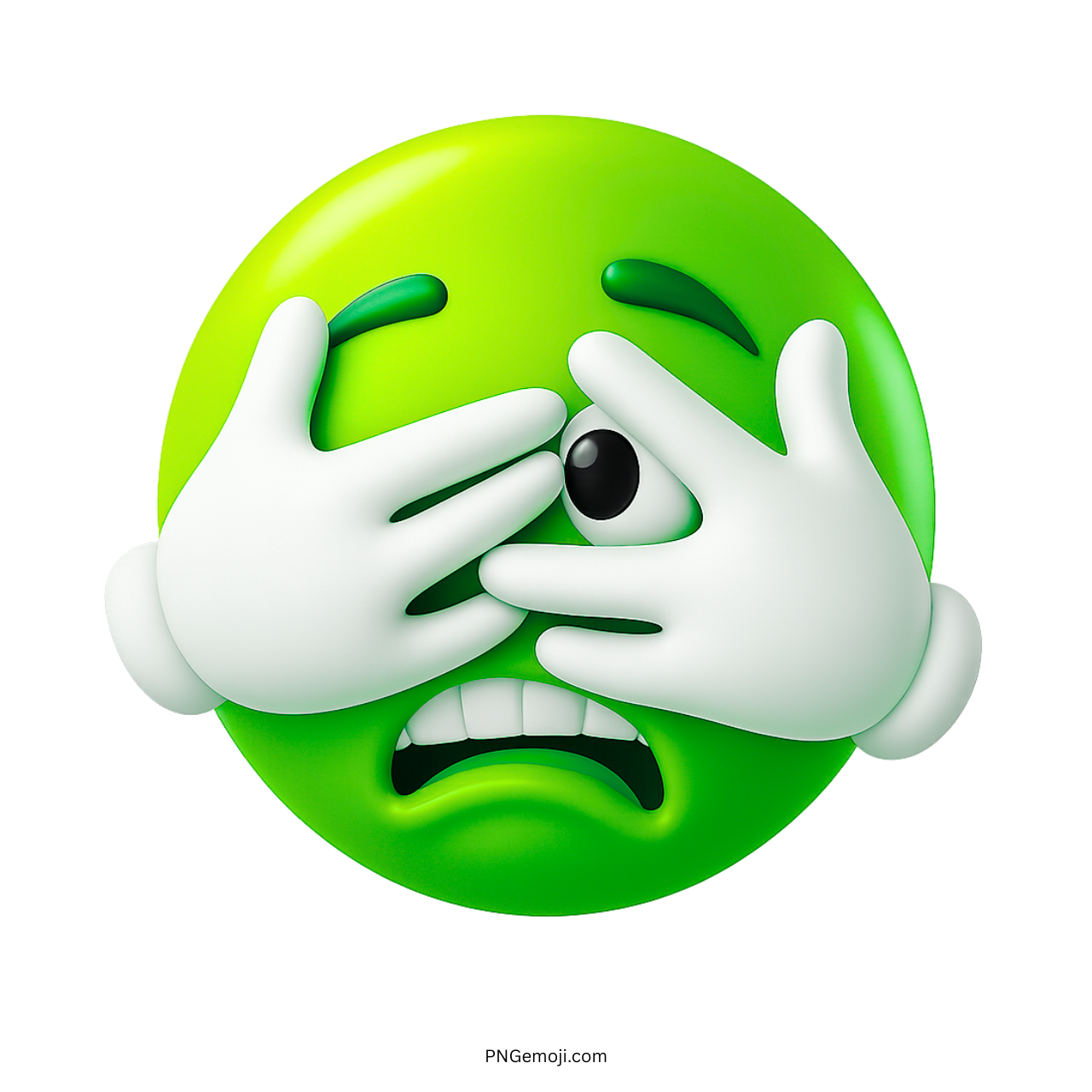 3D green scared emoji covering eyes with hands while peeking