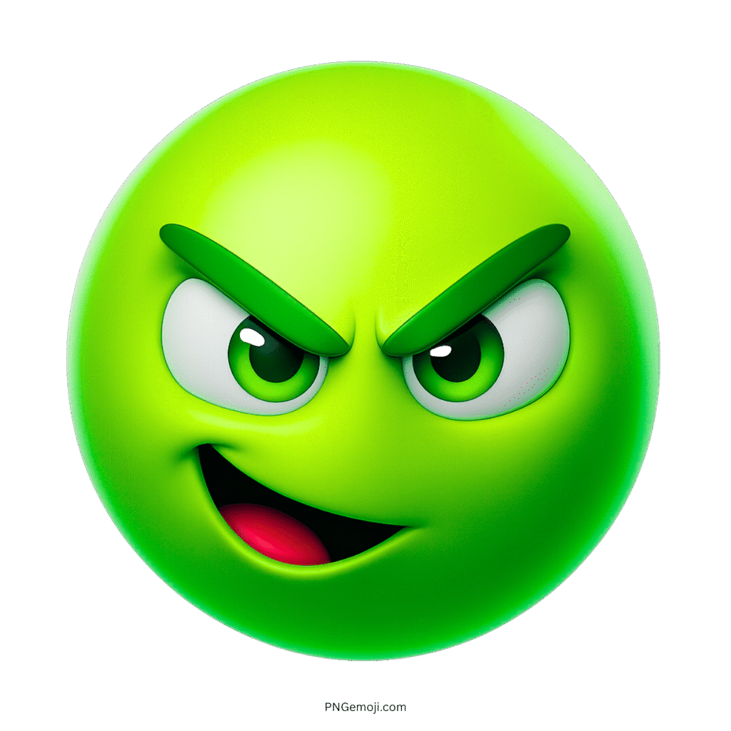 Green 3D emoji with sly smirk, mischievous eyes, and arched brows