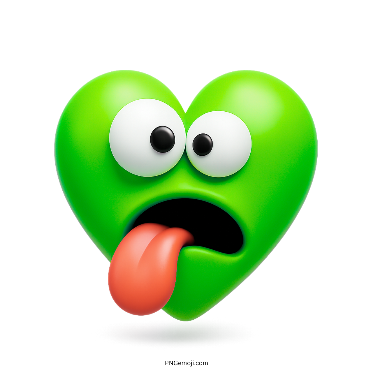 3D green heart emoji with goofy eyes and tongue-out expression