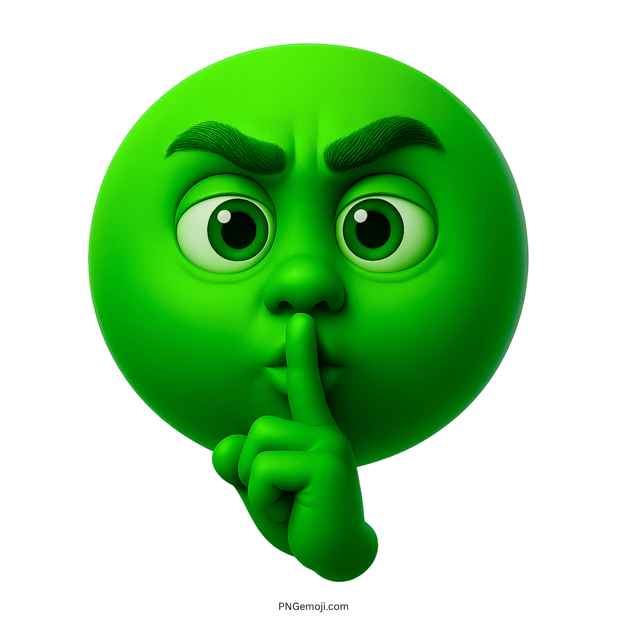 3D green shushing emoji face with intense eyes and finger on lips