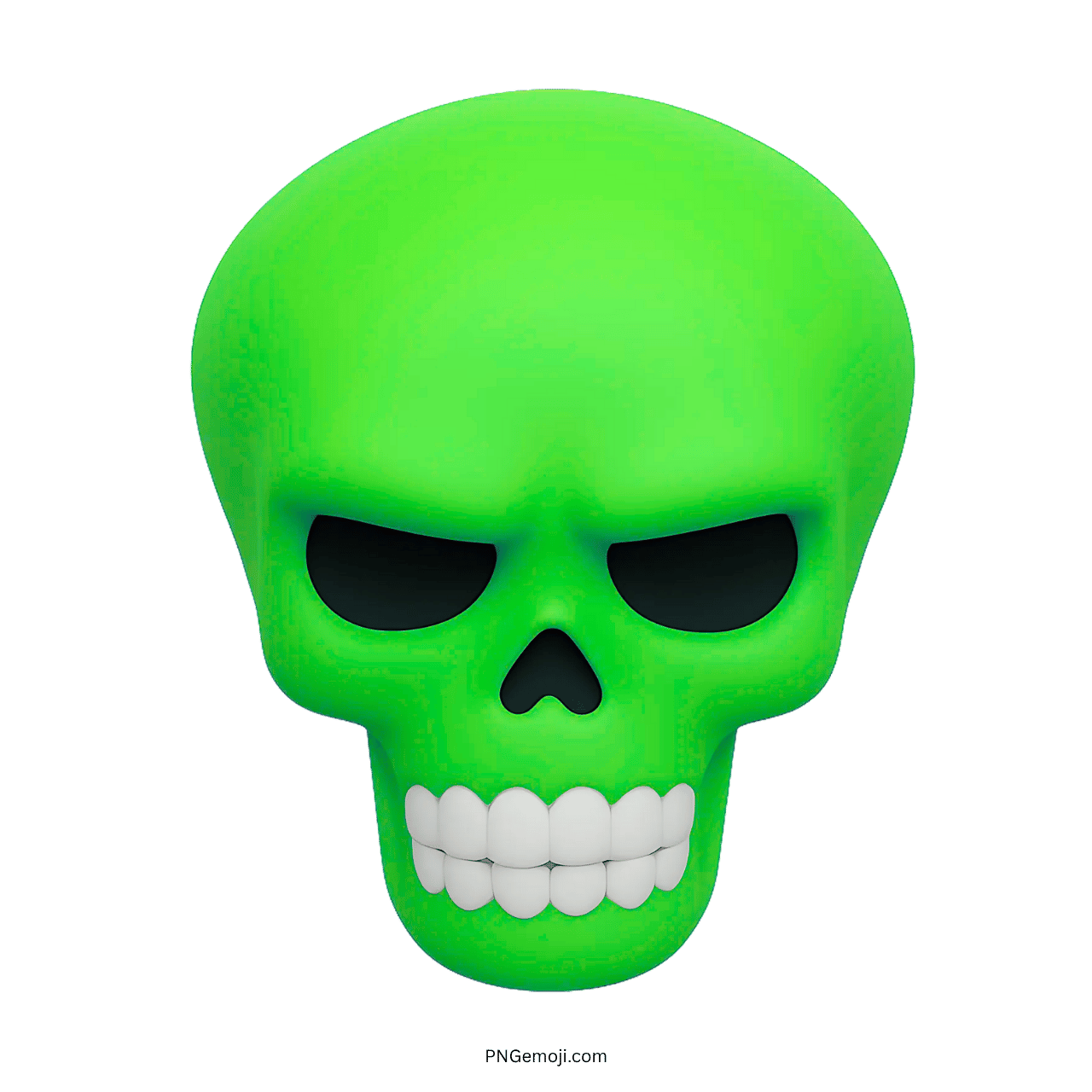 3D green skull emoji with black eyes and white teeth on transparent background