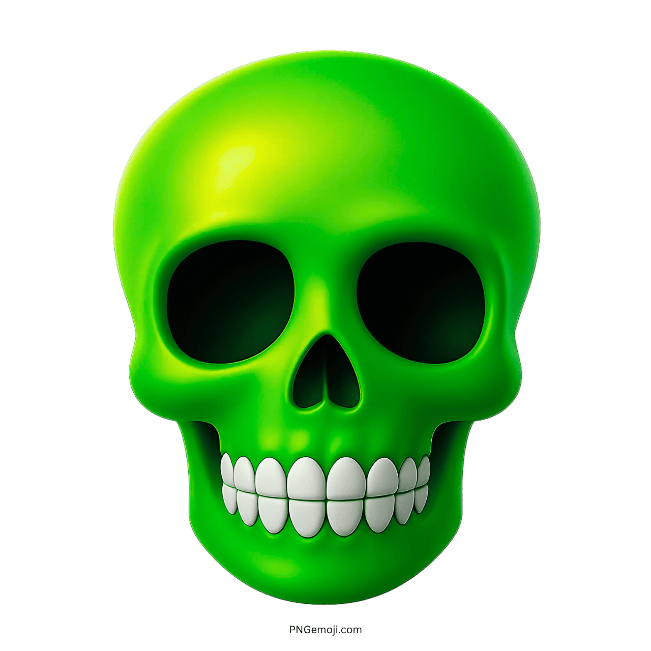 Bright green 3D skull emoji with white teeth and dark hollow eye sockets