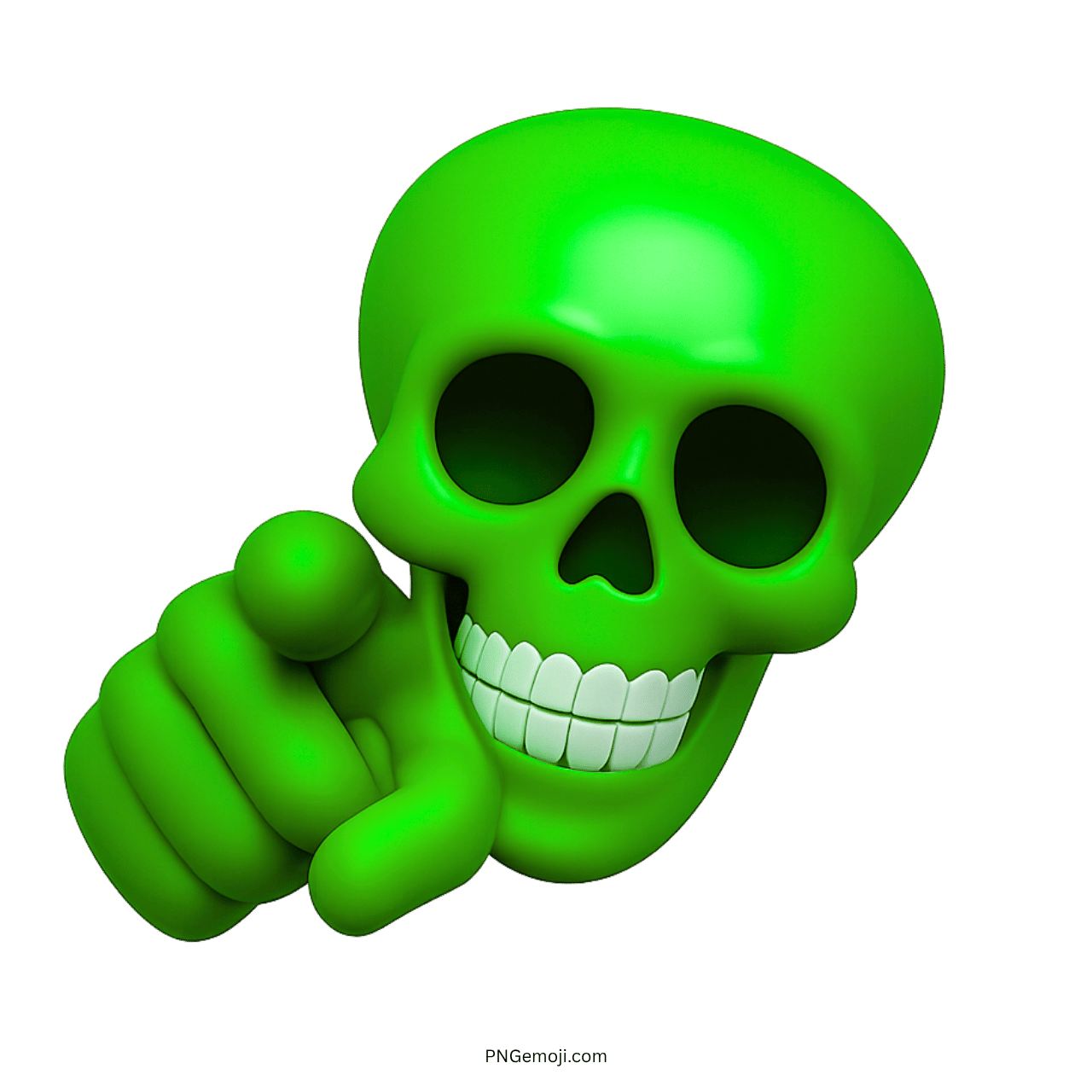 3D green skull emoji with pointing hand and wide toothy grin