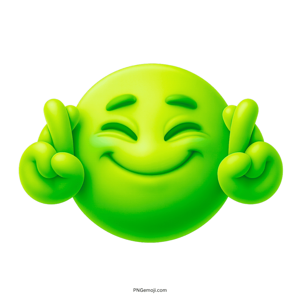 3D green emoji smiling with fingers crossed, expressing hope and good luck