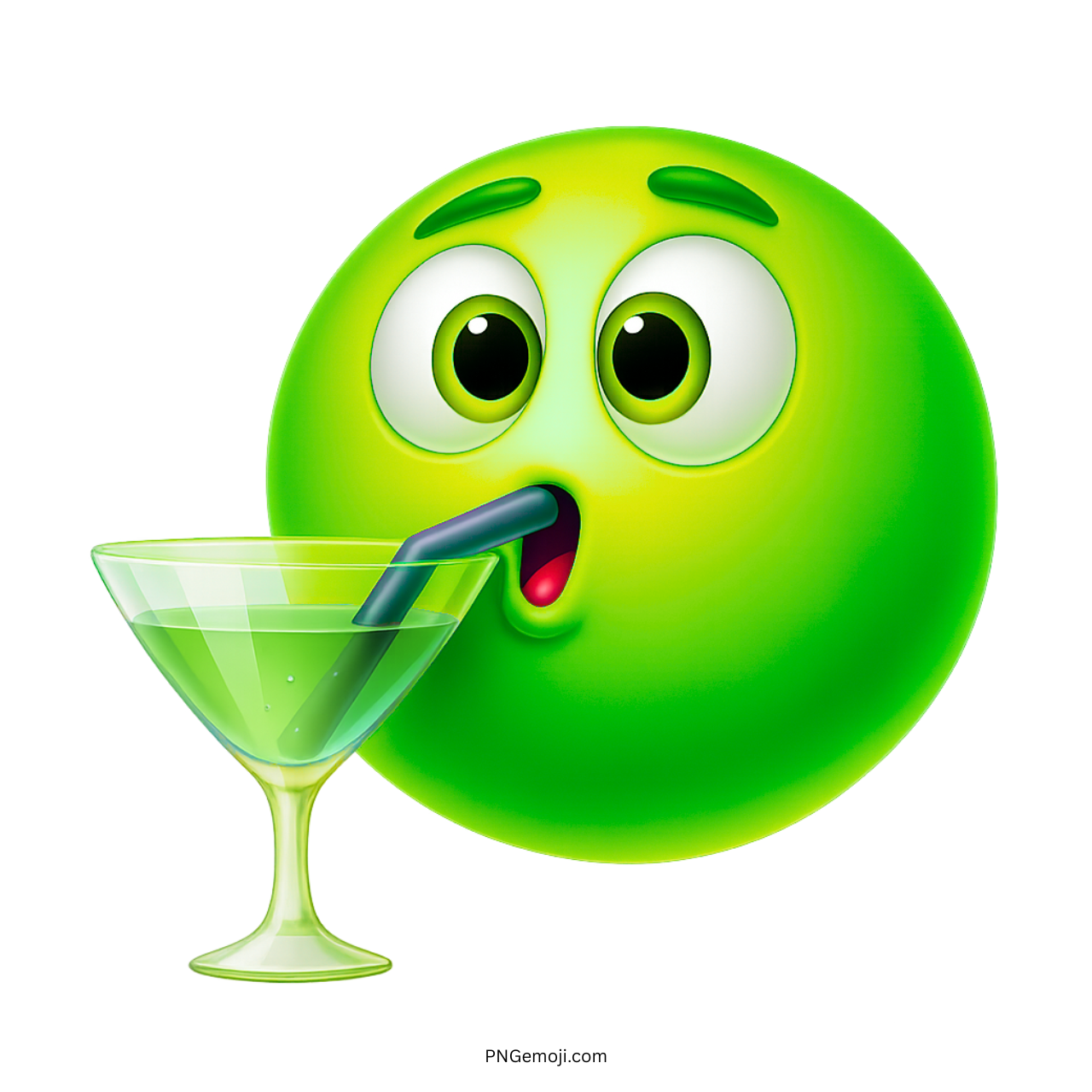 Green emoji face sipping green drink from martini glass using black straw icon