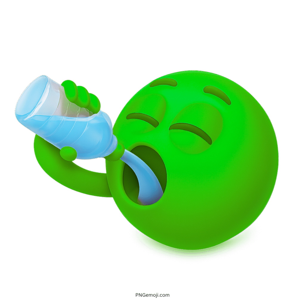 3D green smiley emoji drinking water from bottle promoting hydration and healthy lifestyle