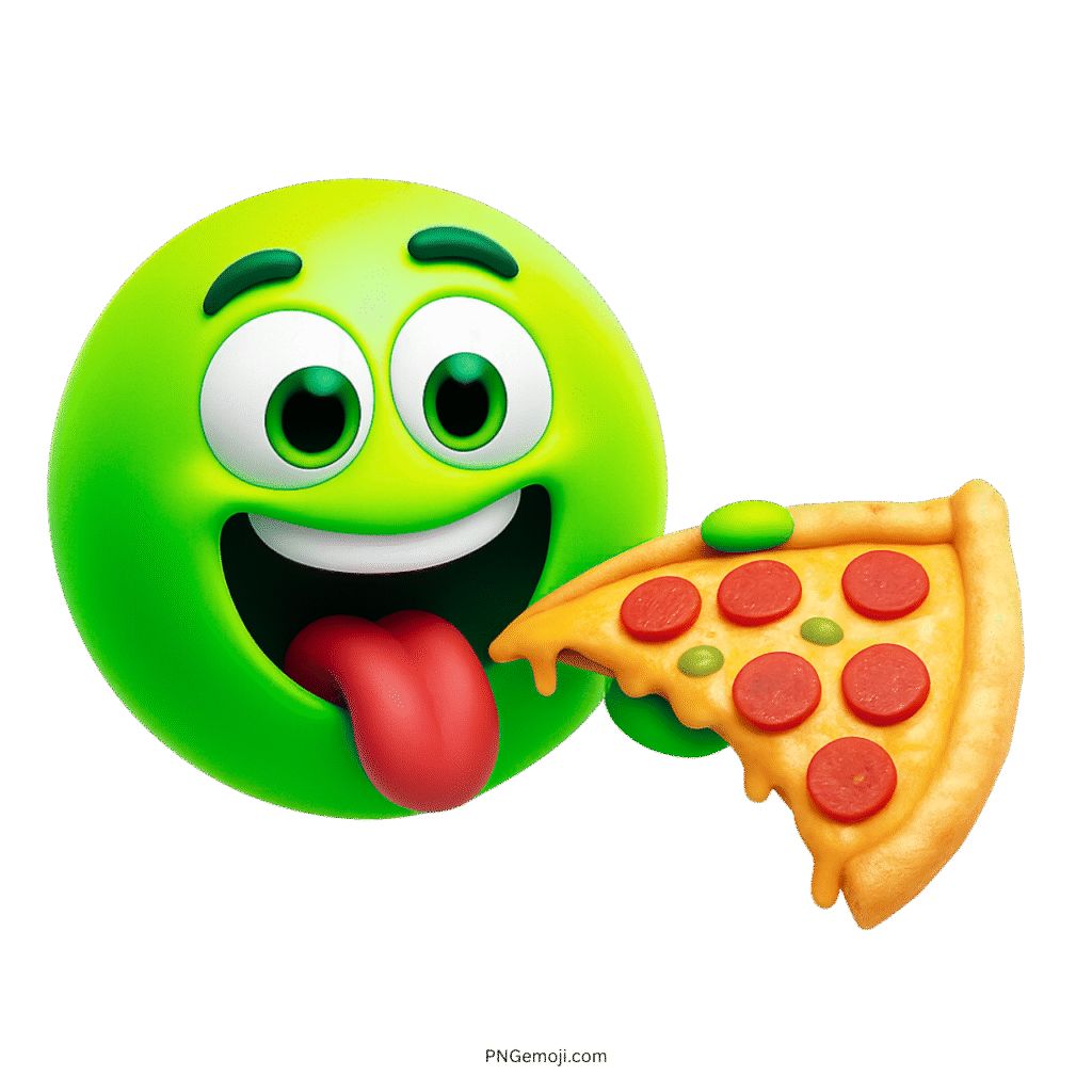 3D green smiley face emoji enjoying a pepperoni pizza slice