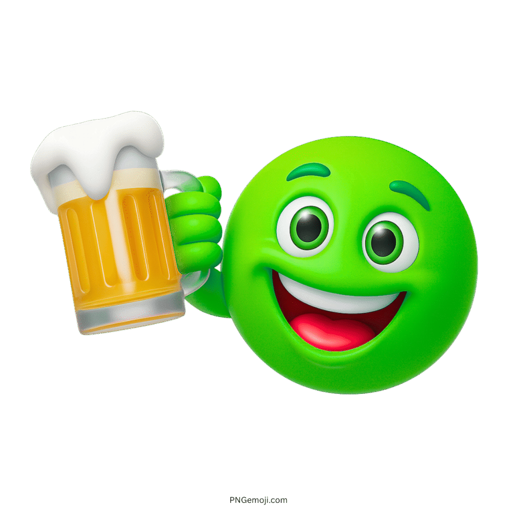 Green happy emoji holding beer mug with foam, smiling cheerfully in 3D style