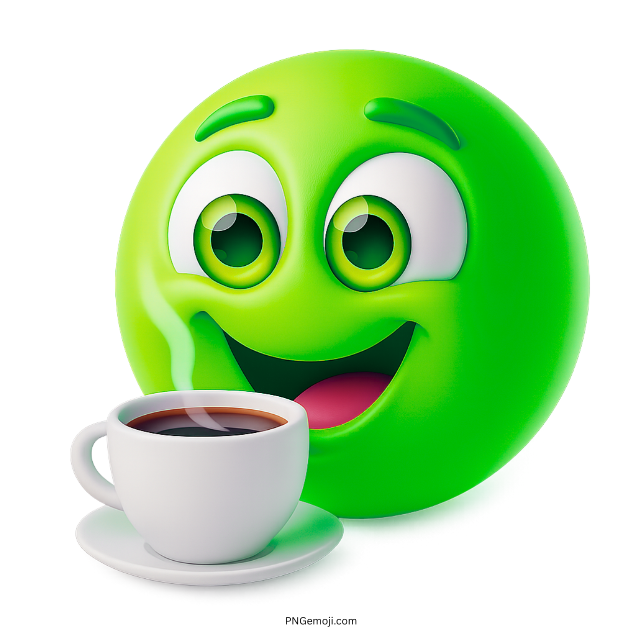 Green smiley emoji with happy face and hot coffee in white cup