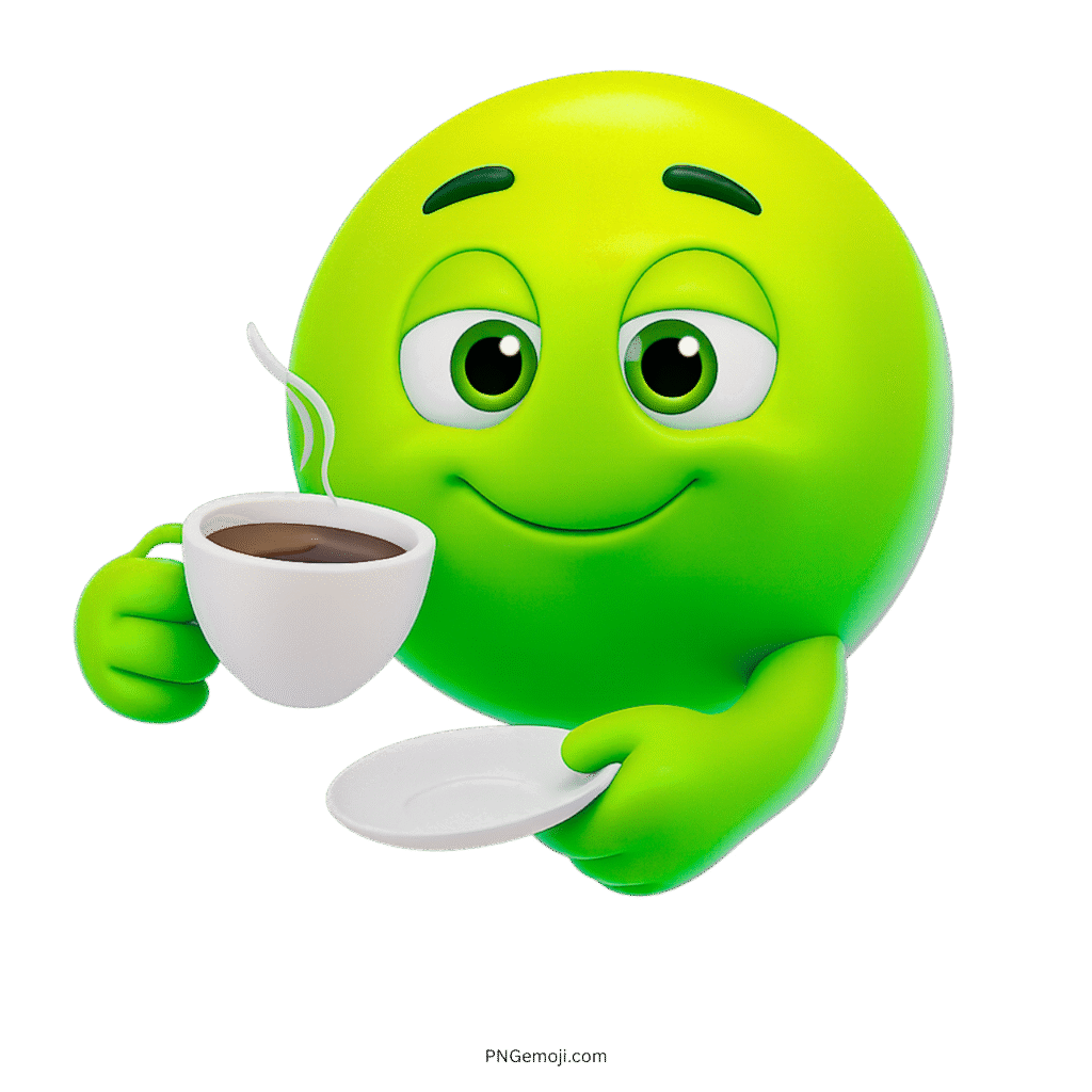 Green smiley emoji calmly holding a coffee cup with a peaceful expression