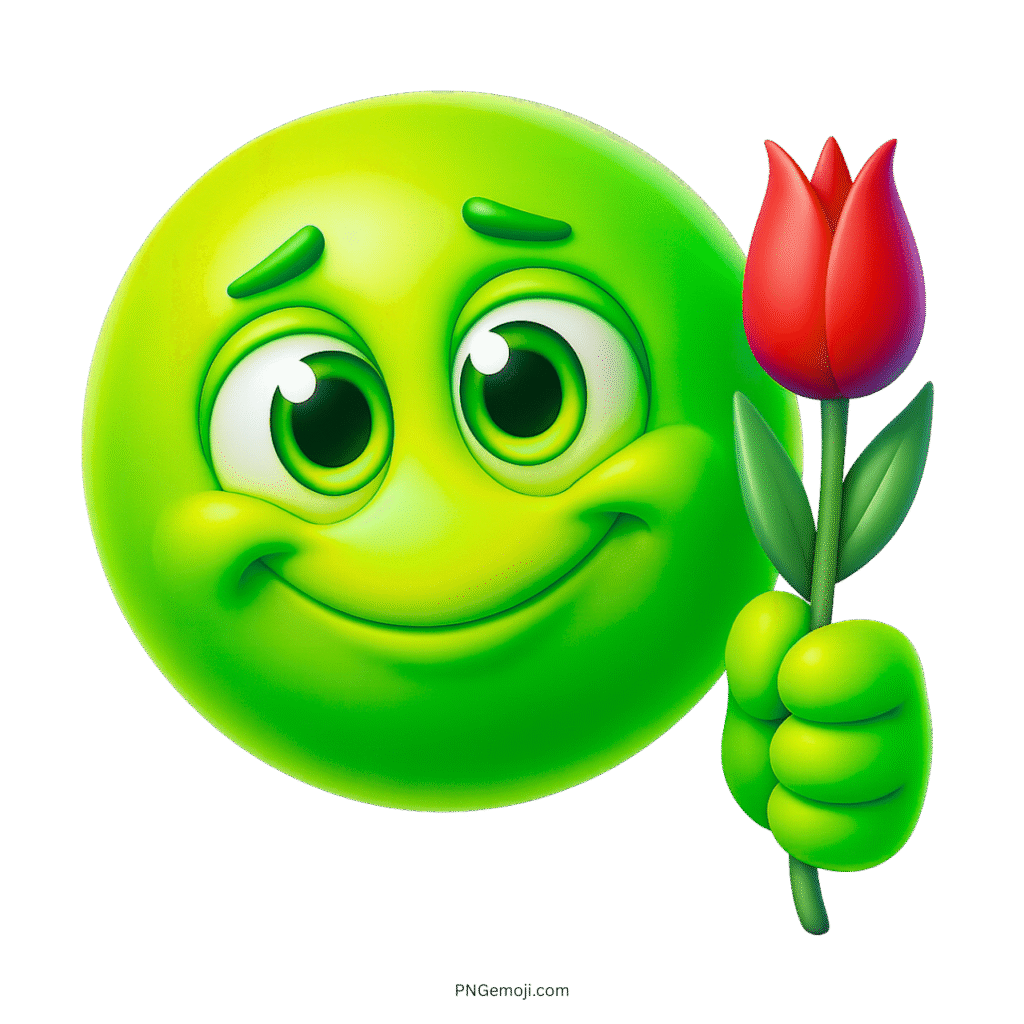 Green smiley emoji holding red rose showing affection love kindness cartoon style