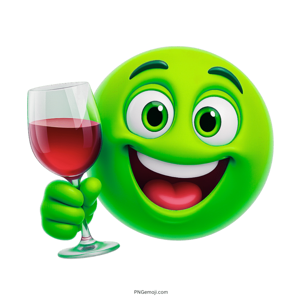 Green smiley emoji holding red wine glass with happy face for toast or party