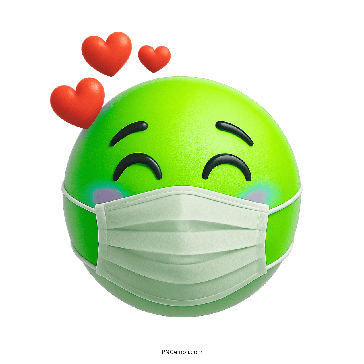 Green smiling face emoji with red hearts and white medical mask in 3D design