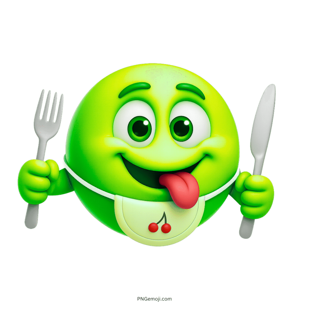 Green emoji with cherry bib holding fork knife and tongue out